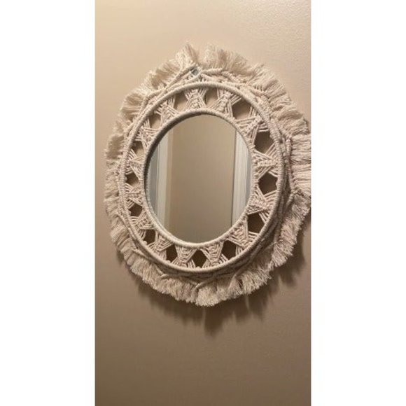 Macrame Hanging Wall Mirror with Boho Fringe Round Decorative Mirror - Picture 2 of 2